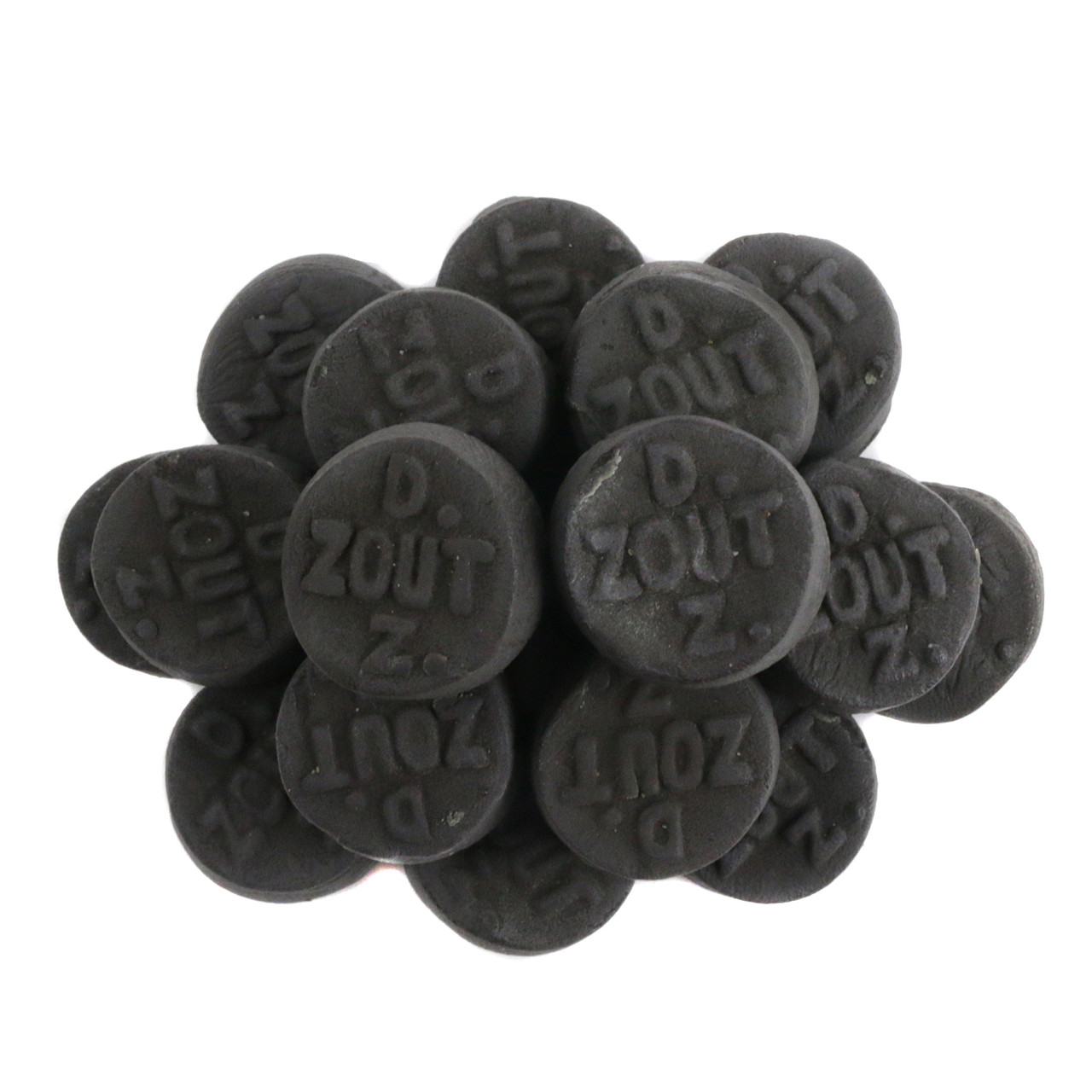 2.2lb bag of round, black, double salt Dutch licorice coins, chewy and Non-GMO. Approx. 396 pieces.