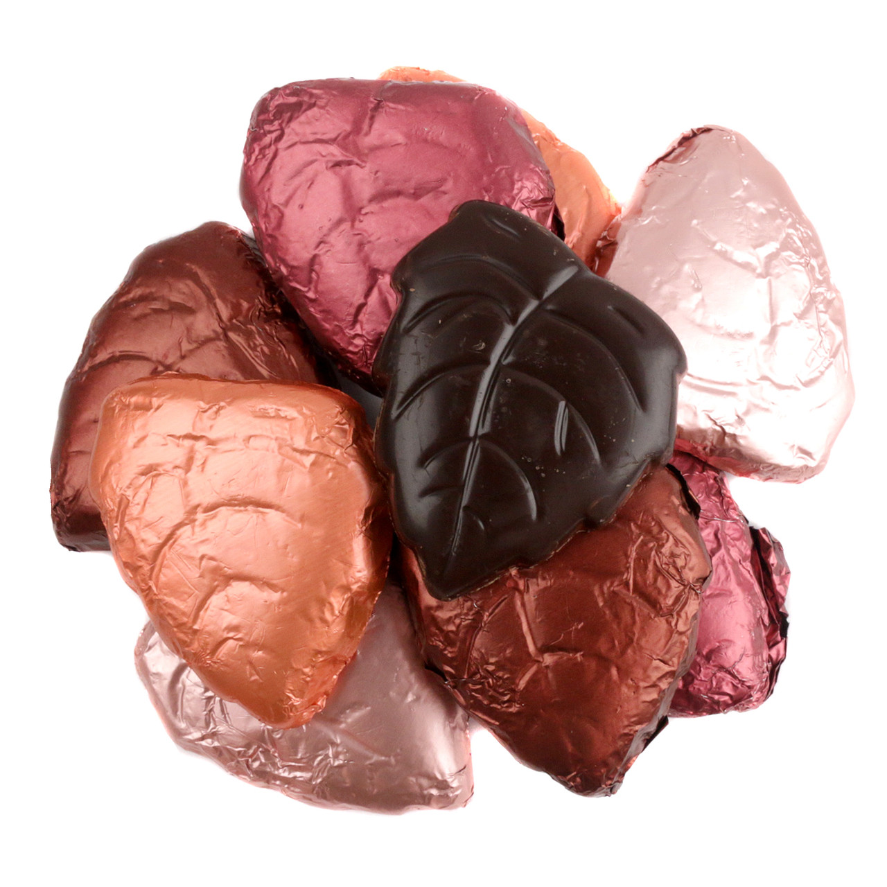 Dark chocolate fall leaves, approximately 50 pieces, in gold, brown, and dark red crisp foil wrappers.
