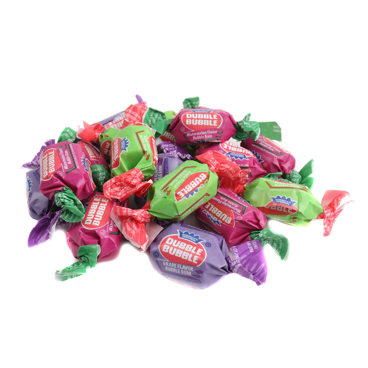Dubble Bubble Assorted Bulk bubble gum, vibrant rainbow colors, approximately 90 pieces per pound.