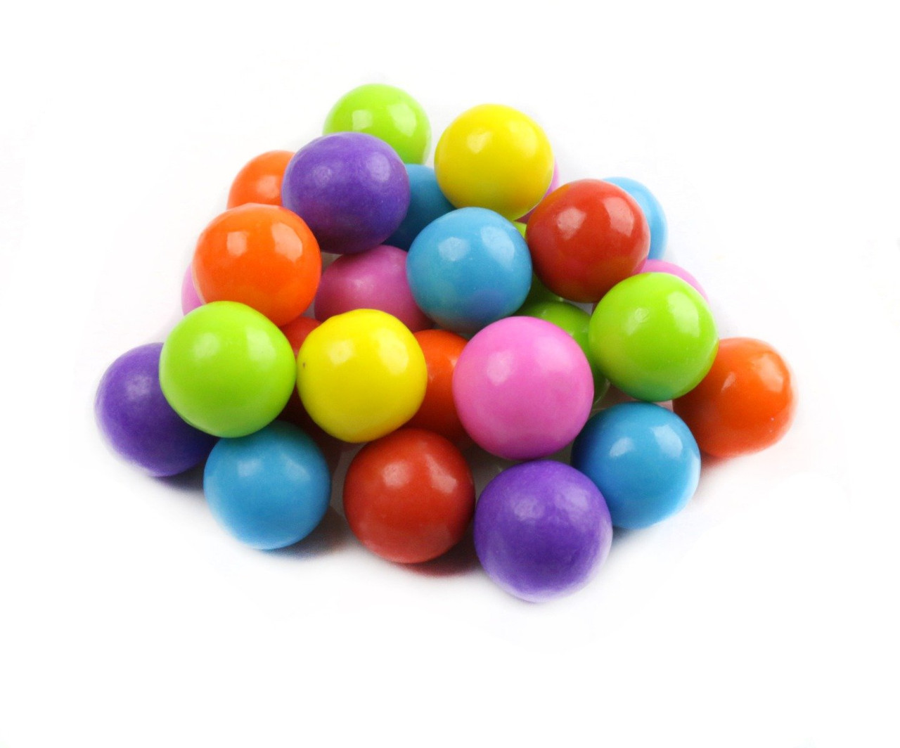 Vibrant assorted .5 inch gumballs, 275 per pound. Rainbow red, yellow, green, purple, blue, orange candy.