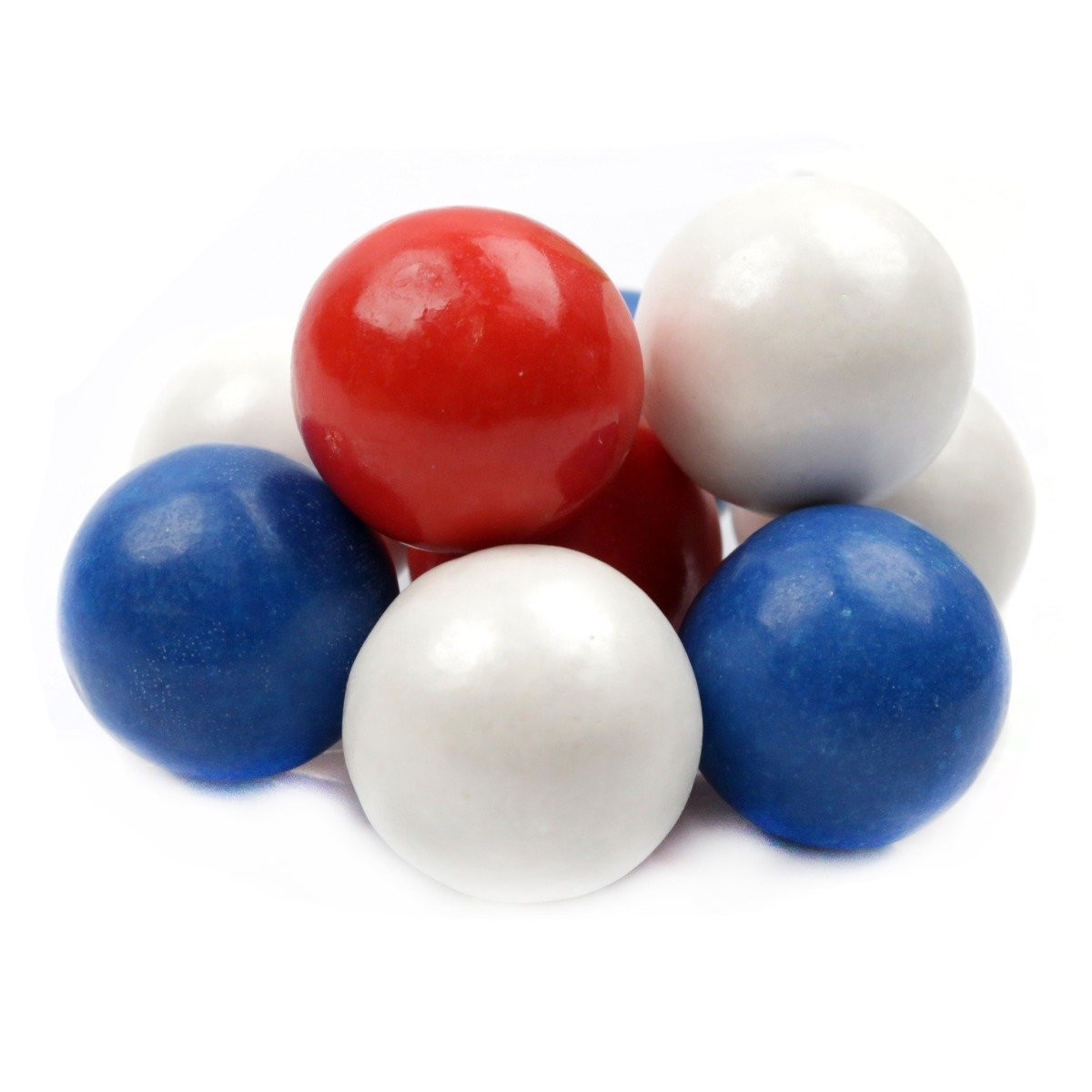 Bulk 1 inch red, white, blue gumballs, approx 60 per pound, ideal for patriotic 4th of July candy buffets.