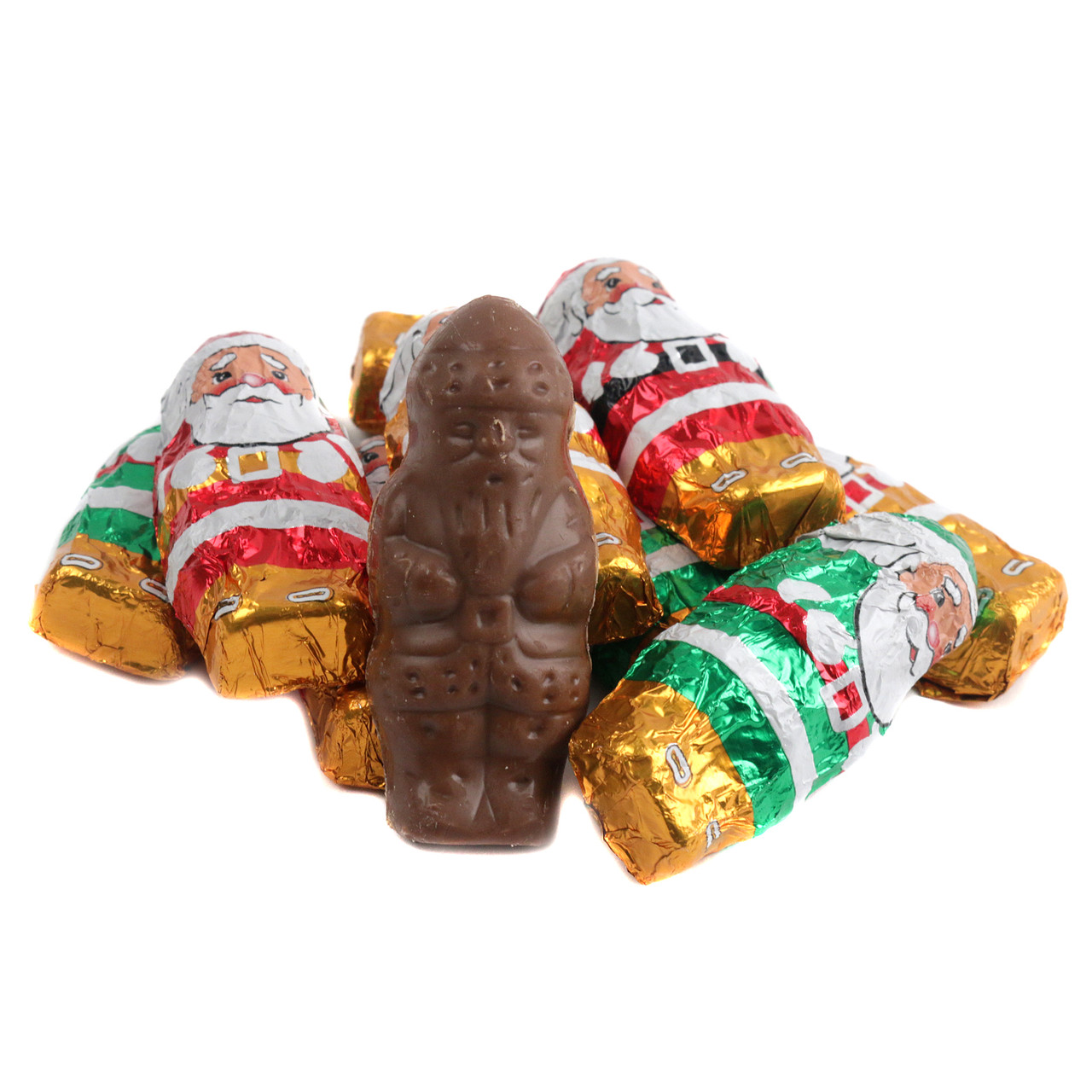 Bright red, gold, white foil-wrapped miniature milk chocolate Santas, smiling faces, approx. 50 per pound.