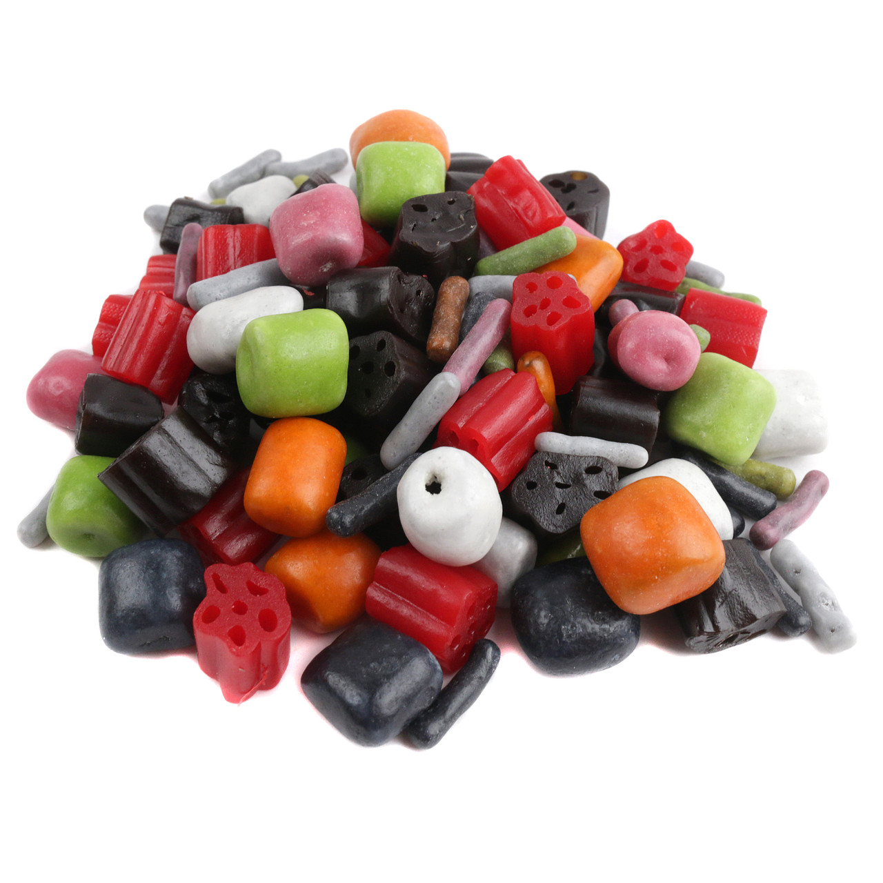 Kennys Licorice Mix, assorted red, black, and pastel candy shell bites, hollows, and pastels. Classic licorice candy.