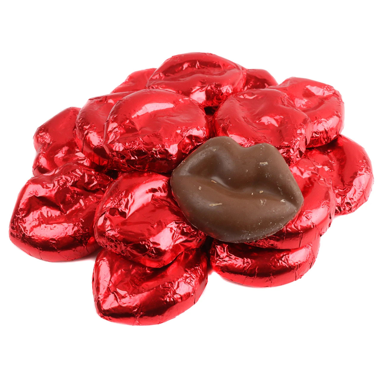 Bright red foil wrapped Madelaine Miniature Milk Chocolate Lips, multiple shown, perfect for Valentines Day candy gifts.