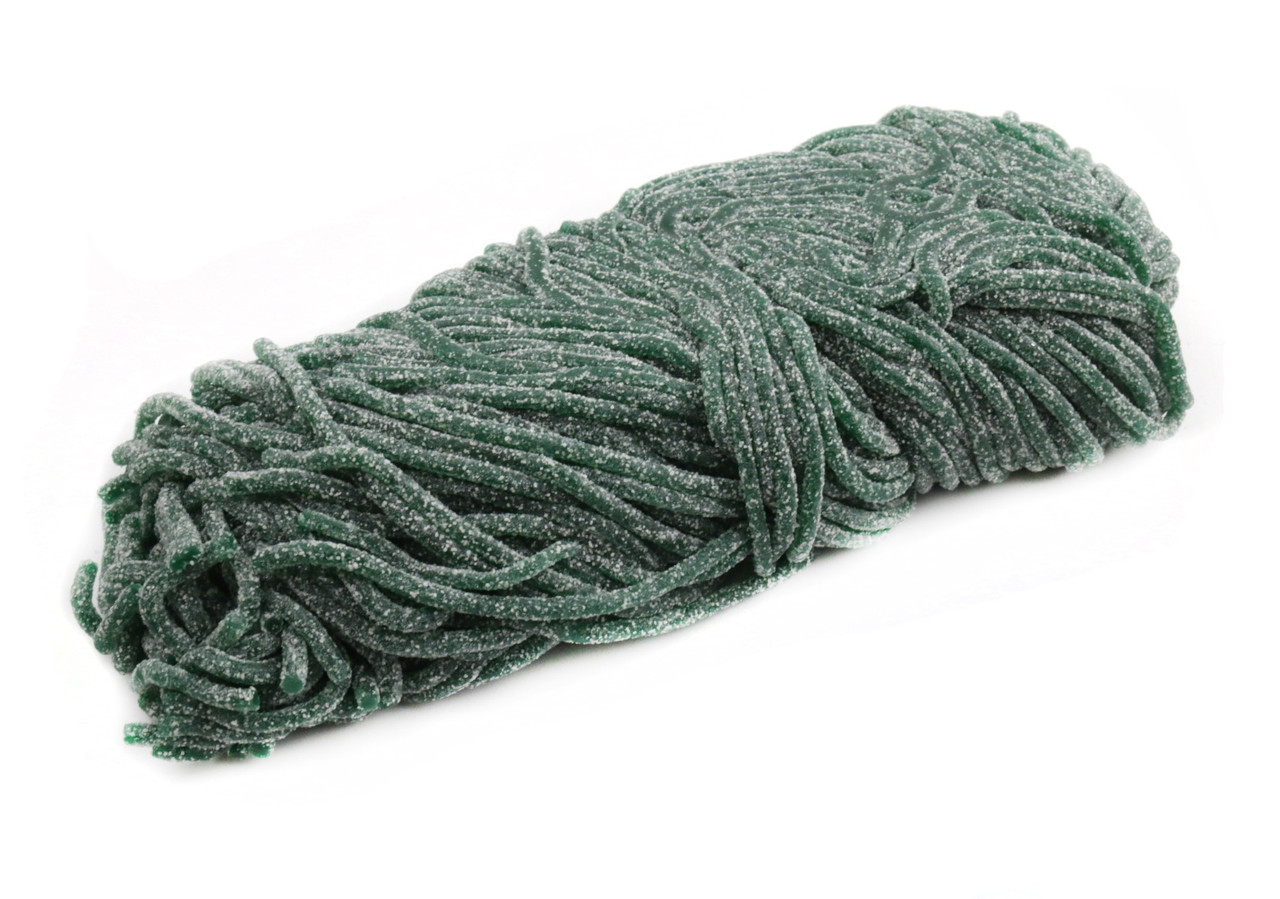 2 pounds of bright blue sour shoestring licorice laces, long tangy blue raspberry candy strings.