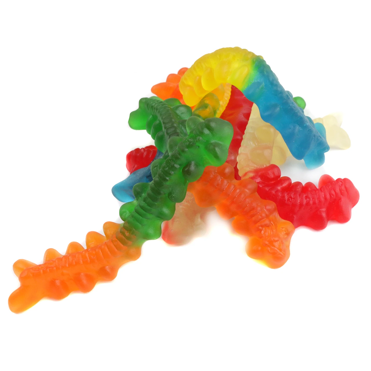 Two-toned Gummy Centipedes, assorted fruity flavors, creepy spooky Halloween candy, approx. 90 pieces per pound.