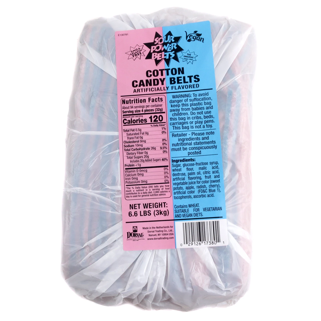 Sour Belts - Cotton Candy, pink and blue striped gummy candy. Approx 50 pieces per pound, each 9 inches long. Sour, tangy flavor.