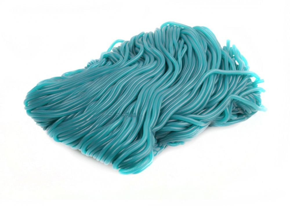 2 pounds of bright blue shoestring licorice laces, blue raspberry flavor, long soft chewy strands.
