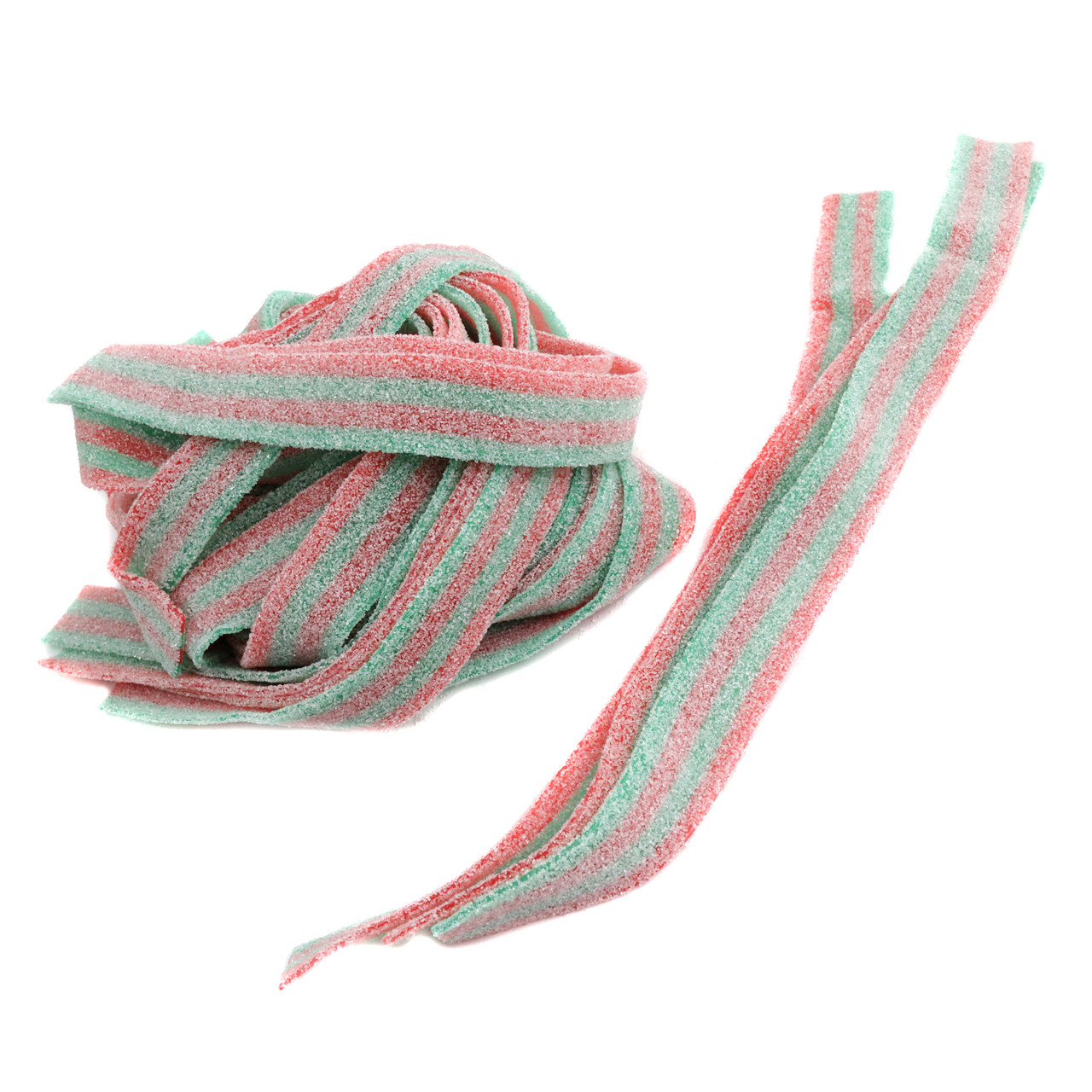 Red and green striped Strawberry Apple Sour Belts, 9-inch long, coated in sour sugar, approx 50 per pound.
