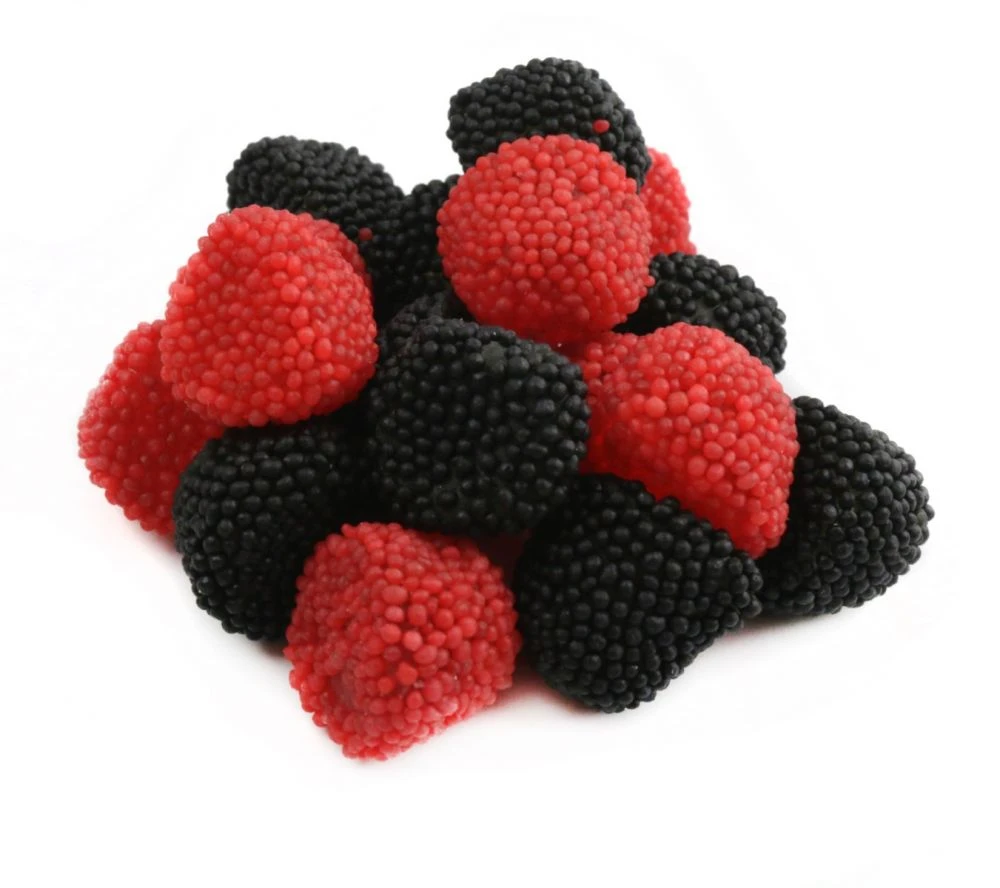 Red & Black Gummy Berries, raspberry & blackberry flavored, chewy with nonpareils coating. Approx 110 per pound.