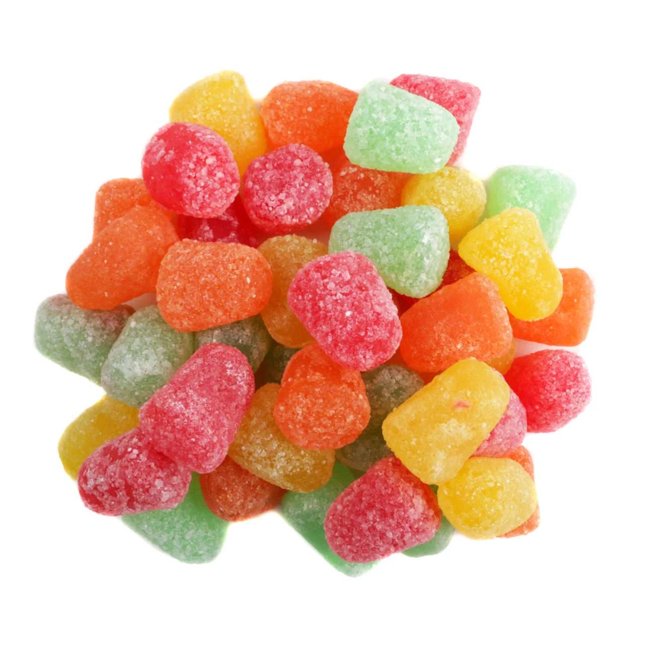 Brightly colored, assorted sour fruit jelly candy drops, cherry, orange, lime, lemon, sour sugar coated, approx 130 pcs/lb.