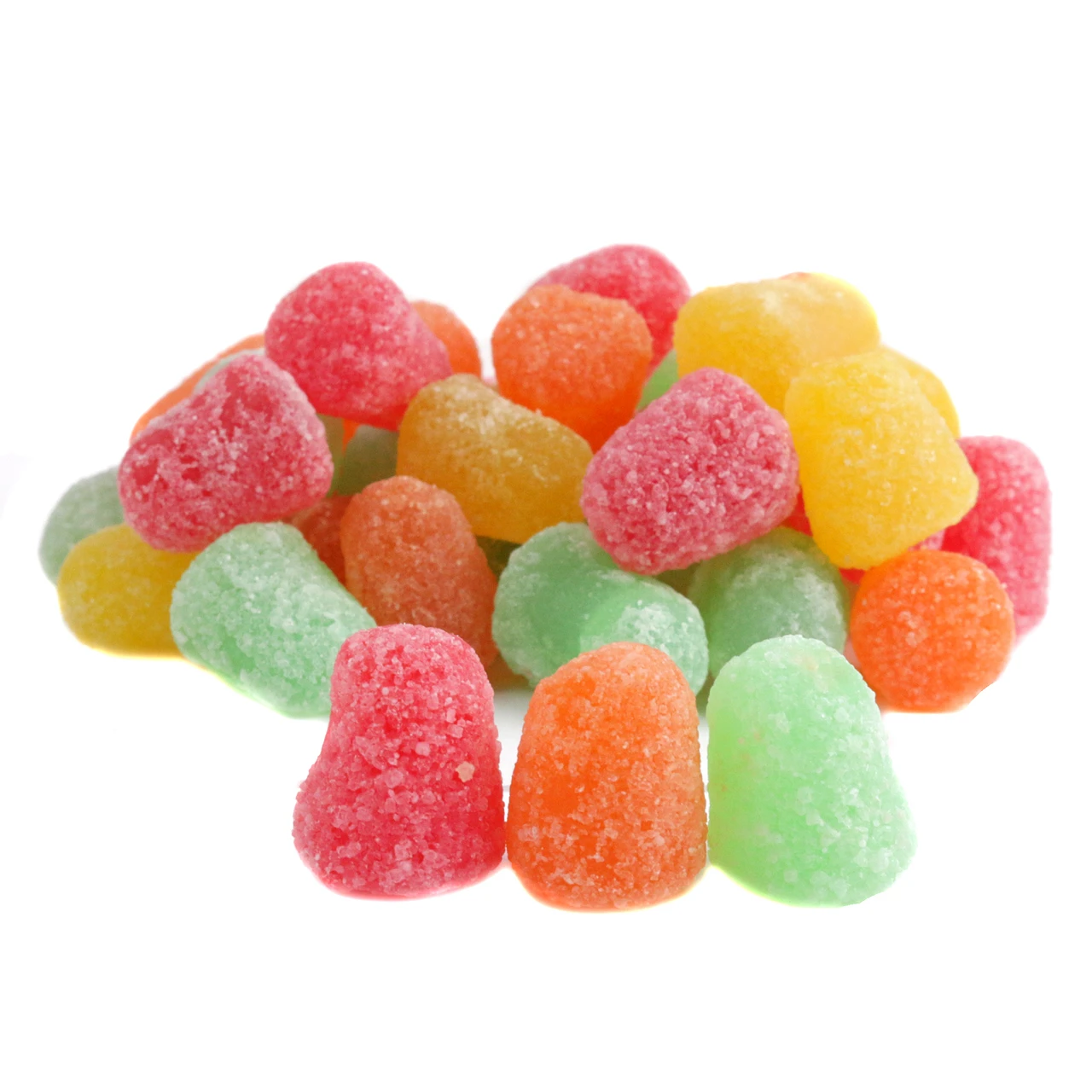 Assorted sour fruit jelly candy drops, brightly colored red, orange, green, yellow, coated in sour sugar. Approx 130 pieces per pound.