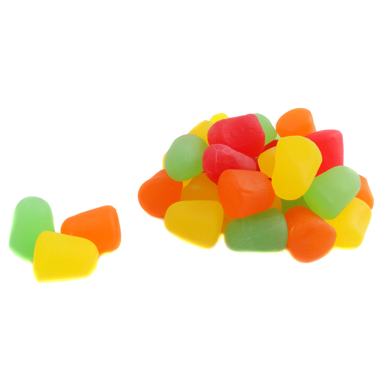 Old fashioned Assorted Juju Drops, brightly colored red, orange, yellow, green fruity candies. Chewy texture, 150 per pound.