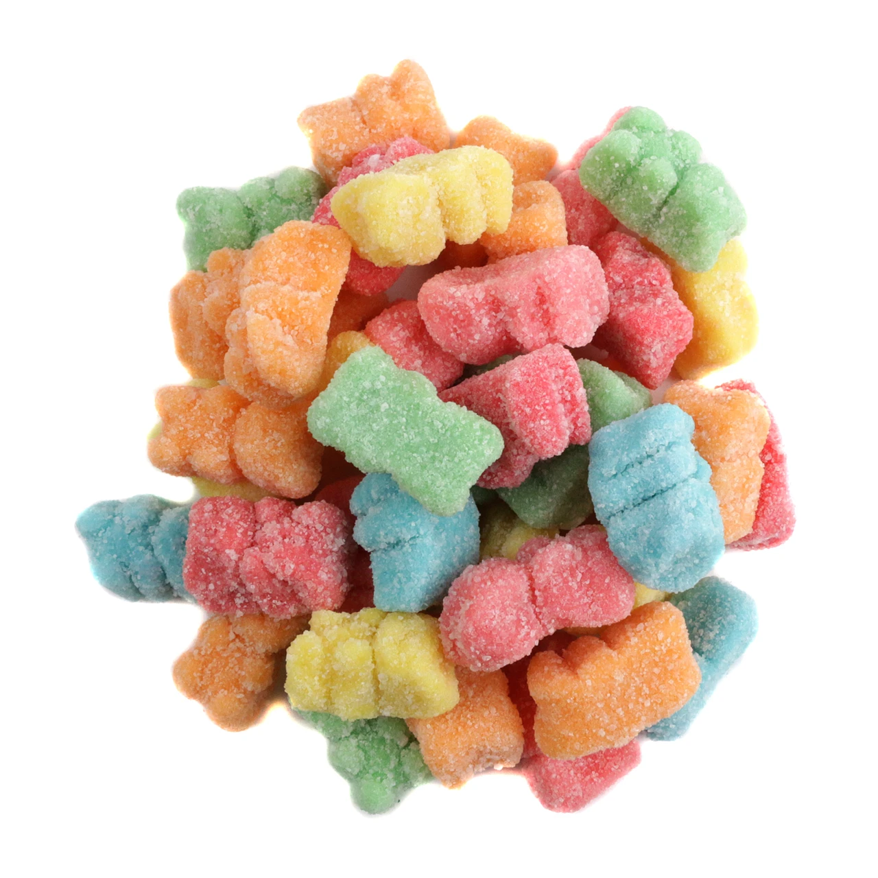 Neon Sour Gummy Bears, rainbow colors: red, blue, yellow, green, orange, pink. Approx 97 pieces per pound.
