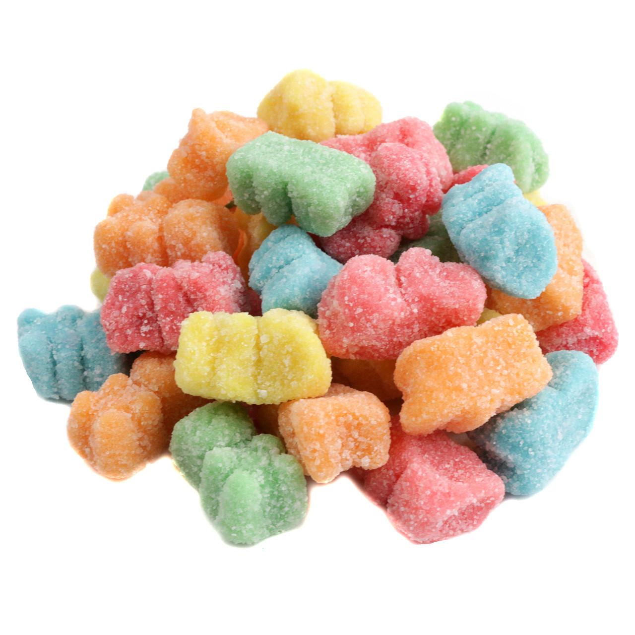 Neon sour gummy bears, bright rainbow colors including red, blue, yellow, green, orange, pink. Approx. 97 pieces per pound.