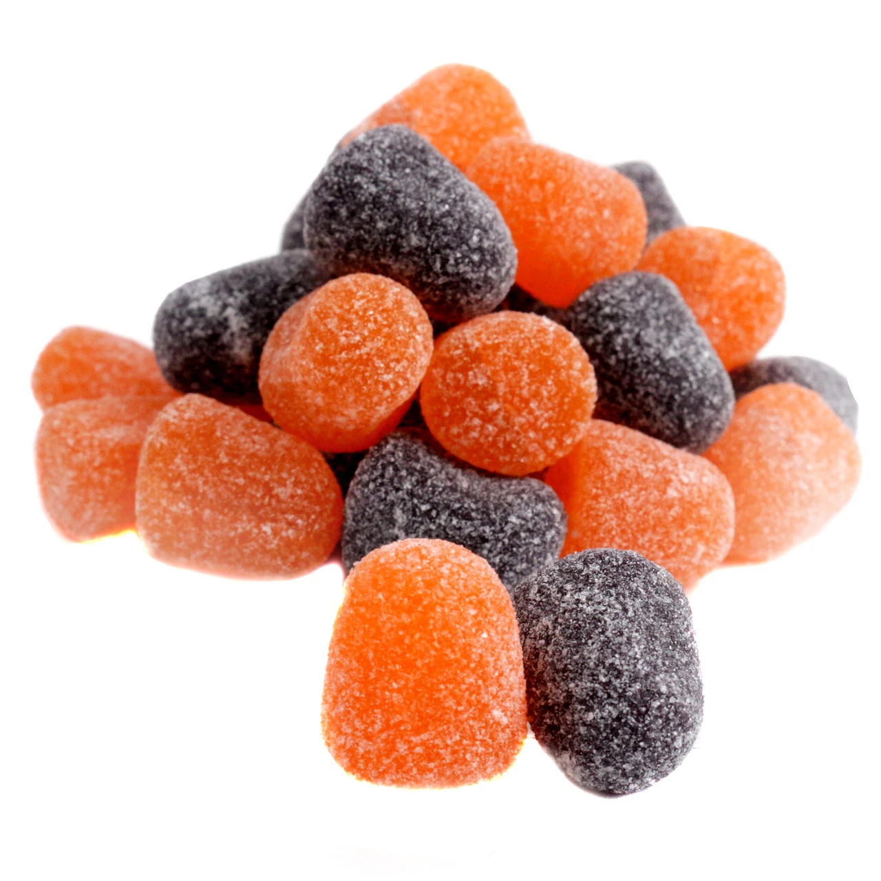 Vibrant orange and black spice drops, chewy Halloween jelly candy, approx. 60 per pound, USA made.