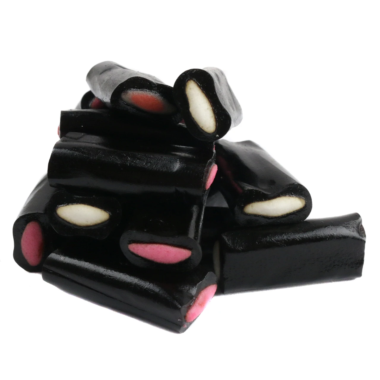 Bite-sized Black Licorice Rockies, soft black licorice with sweet cream colored centers. Approx 100 pieces per pound.