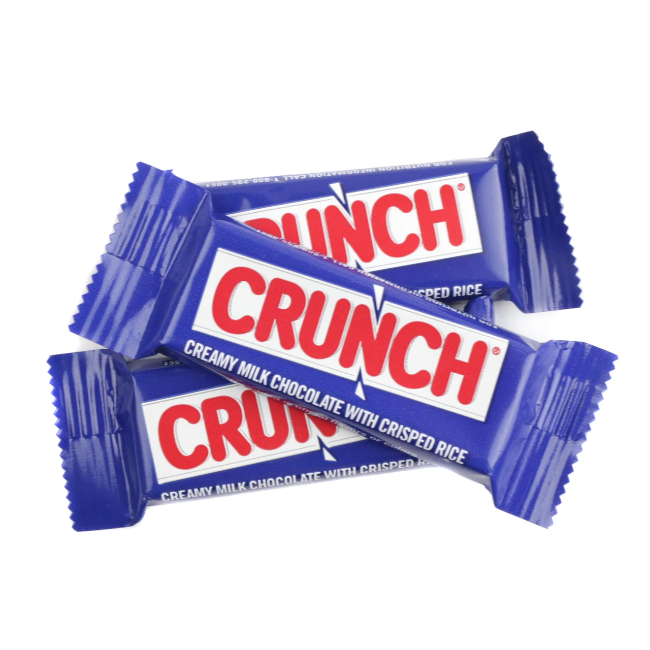 Blue packaged Nestle Crunch Fun Size candy bars, approx. 35 pieces per pound. Milk chocolate with crunchy rice crisps.