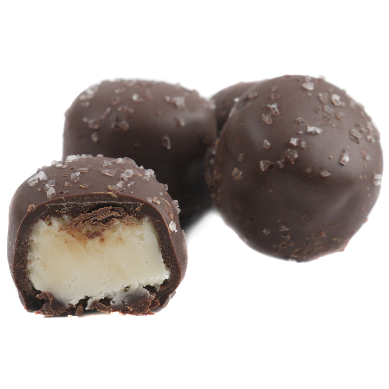 Ashers Dark Chocolate Vanilla Butter Creams, approx 27 dark brown pieces with creamy vanilla centers, topped with sea salt.