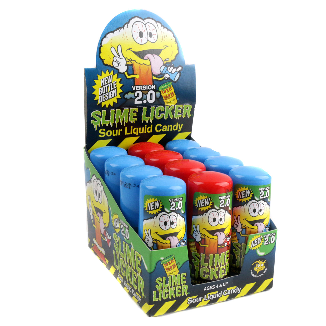 Slime Licker 2.0 sour roll-on liquid candy, blue raspberry and strawberry, two colorful bottles in a pack.
