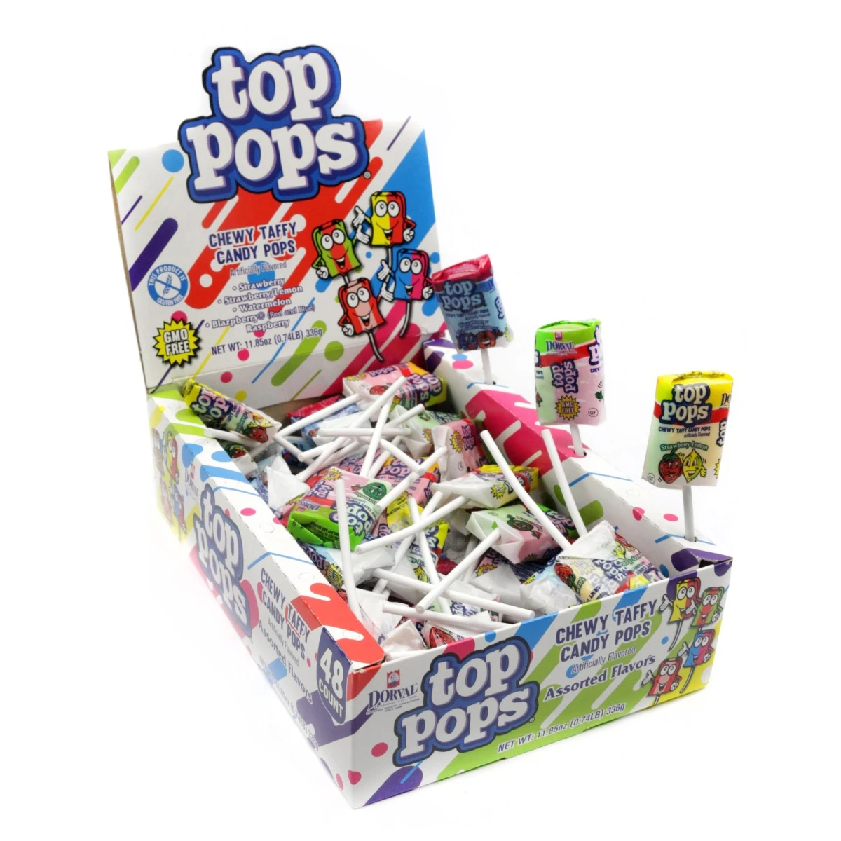 48 individually wrapped, assorted Top Pops taffy lollipops. Strawberry, Blazpberry, Watermelon, Strawberry Lemon flavors.