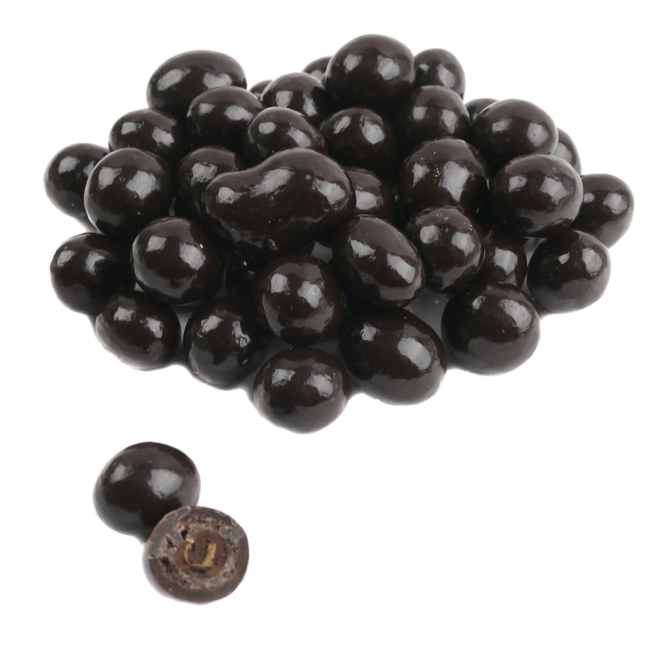 Dark chocolate covered espresso beans, rich brown color. Approximately 240 crunchy beans per pound. Sweet energy snack, USA.