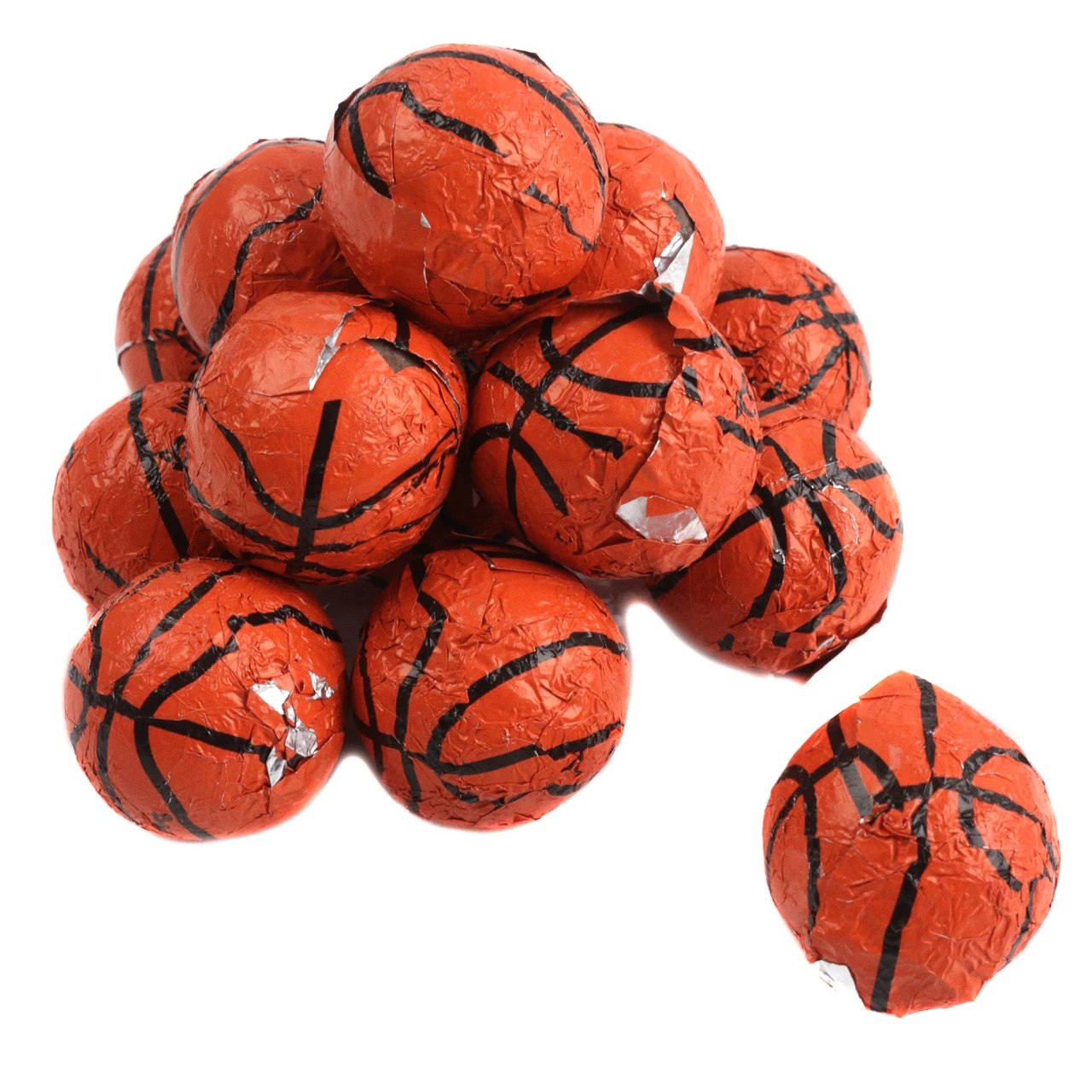 Palmer chocolate-flavored basketballs, individually wrapped in realistic orange foil, approx 85 pieces per pound.