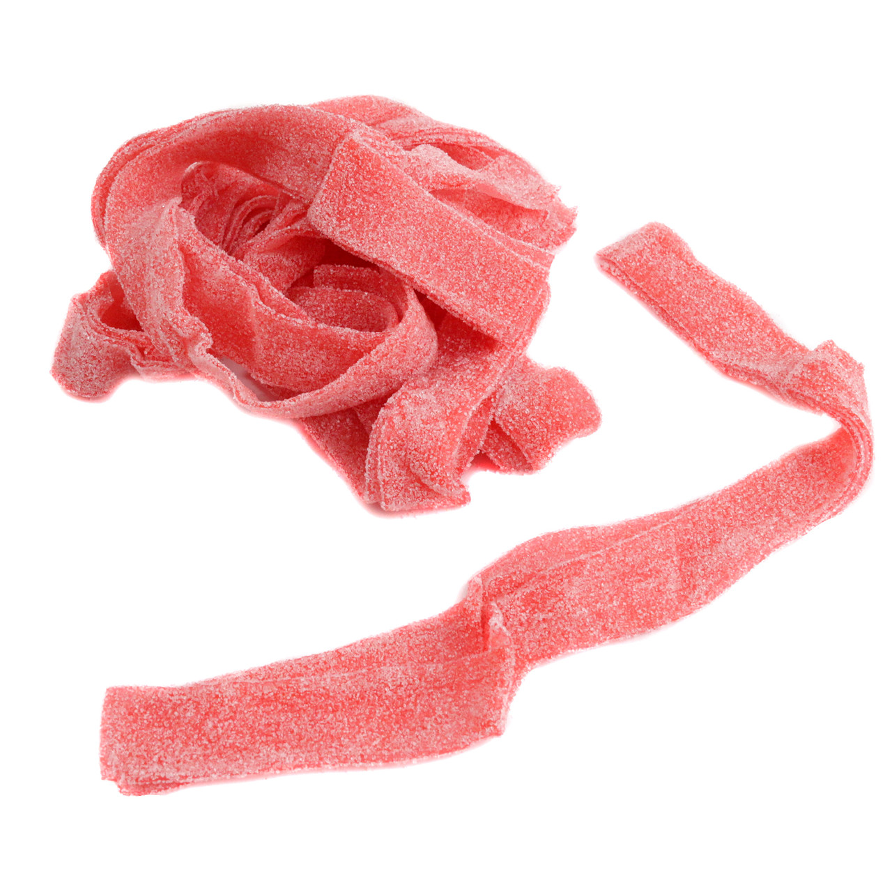 Pink Dorval Strawberry Sour Belts, 9-inch long, approximately 50 sour candy strips per pound, delicious strawberry flavor.