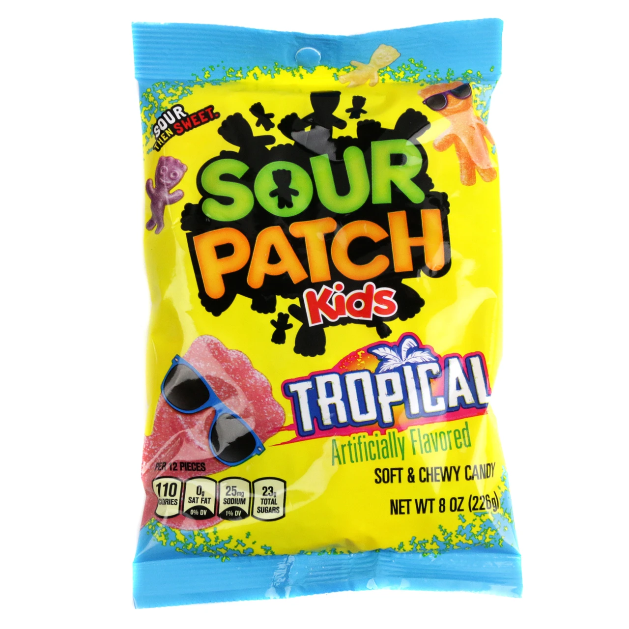 Sour Patch Kids Tropical 8oz bag, vibrant colorful gummy candies. Paradise Punch, Pineapple, Tropical Twist, Passion Fruit flavors.