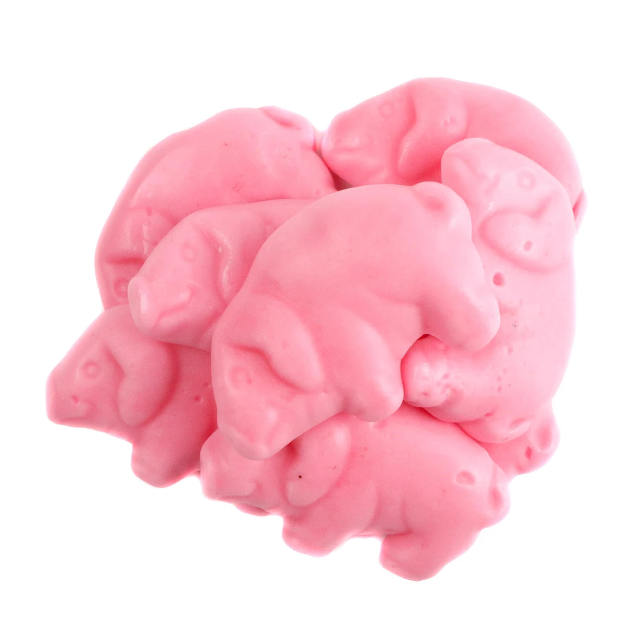 Pink Gummy Pigs, 2.2lb bag, approximately 220 raspberry flavored pig-shaped gummies, each 2 inches.