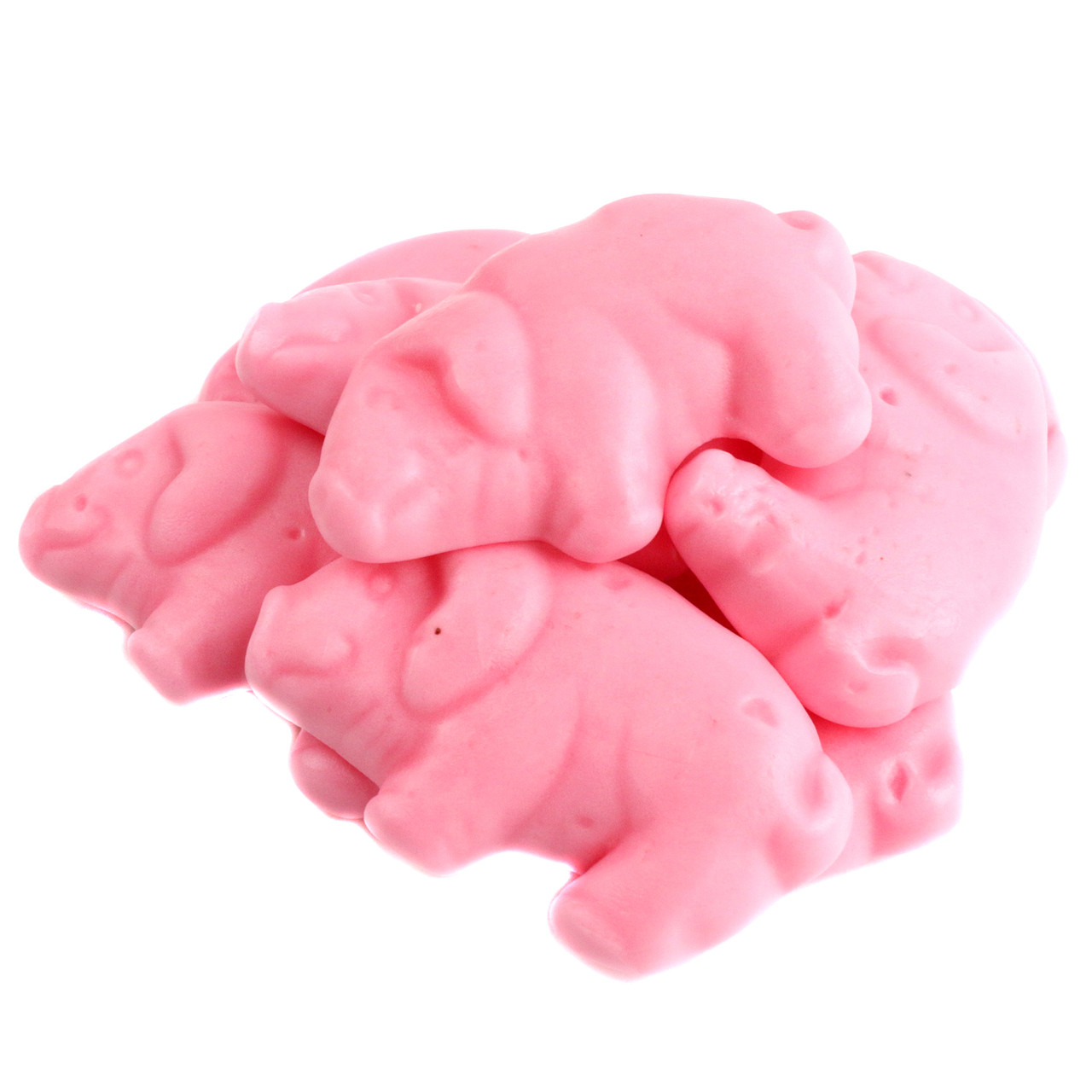 Pink pig-shaped gummy candy with raspberry flavor. 2.2lb bag, approx 220 pieces, each 2 inches.