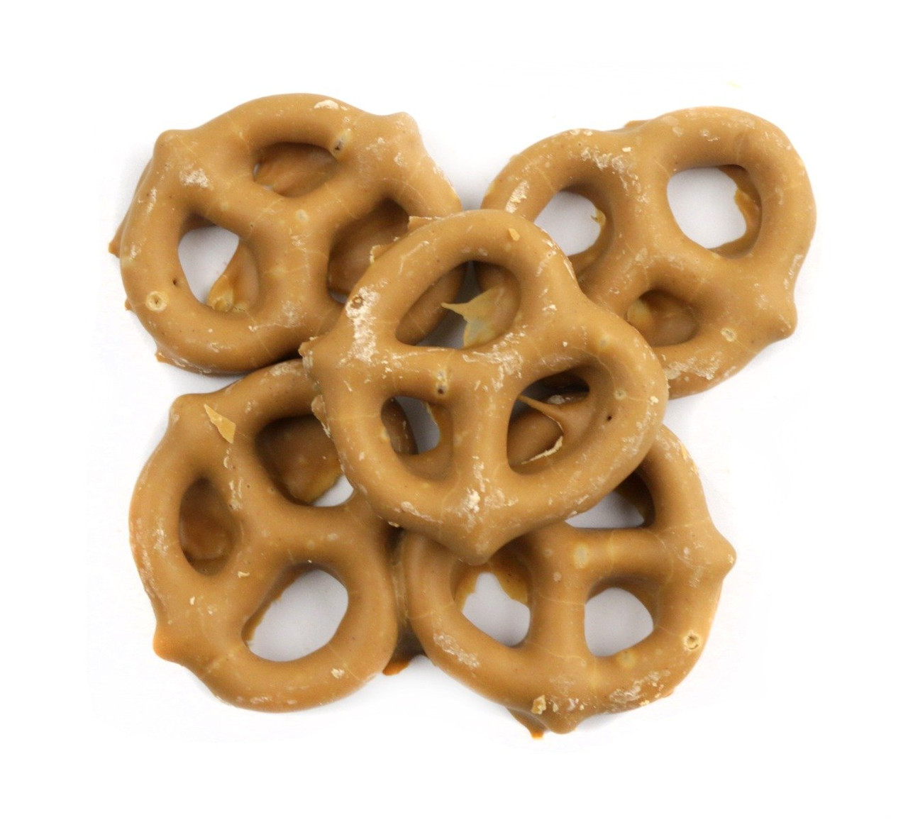 Generously coated brown peanut butter mini pretzels, crunchy, creamy, sweet and salty bite-sized candy.