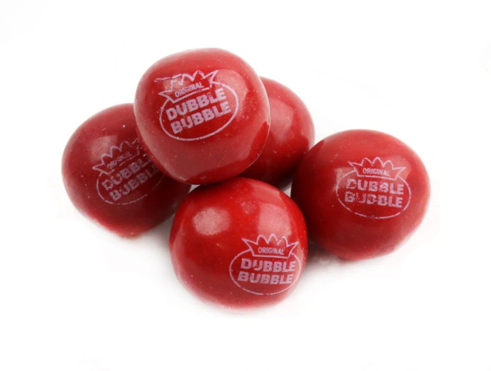 Dubble Bubble bright red cherry gumballs, 1-inch diameter, approx 50 per pound.