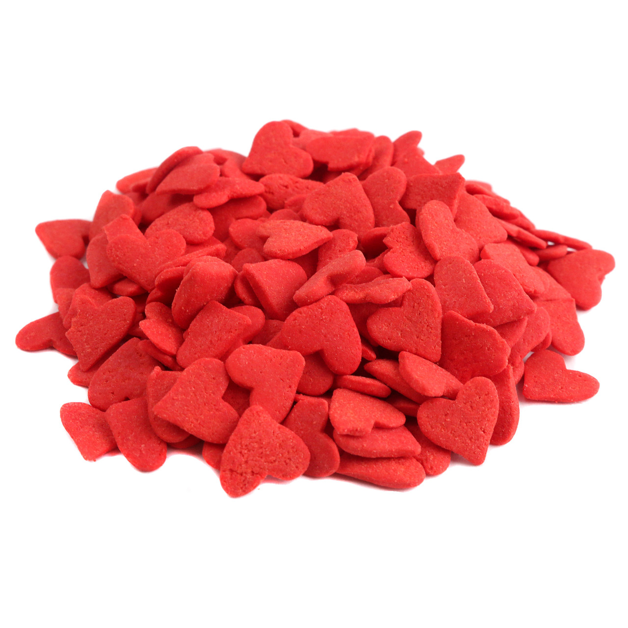 Many vibrant red, 1/4 inch heart-shaped candy sprinkles for decorating baked treats and desserts.