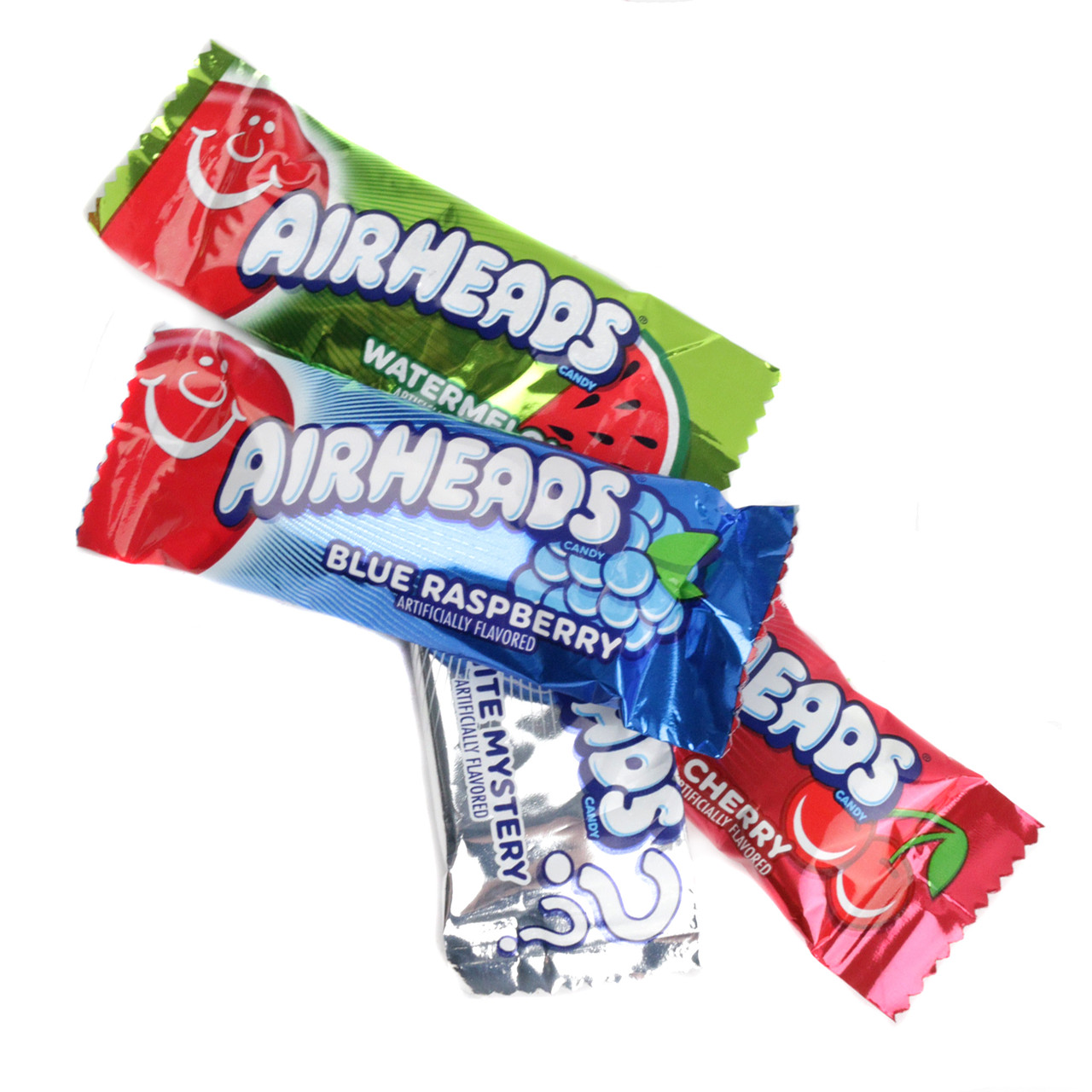 Airheads mini assorted candy, approx. 40 individually wrapped pieces. Vibrant red cherry, blue raspberry, watermelon flavors.