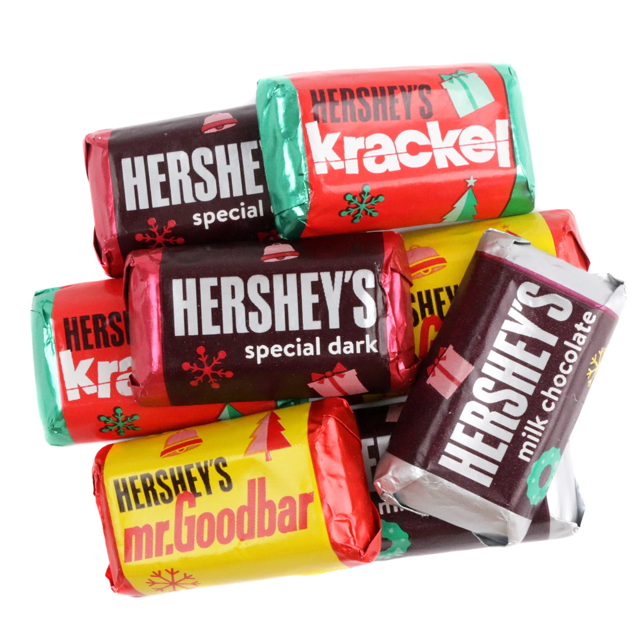 Hershey Miniatures Christmas chocolate bars, red, green, silver foil wrappers, bulk mix, approximately 50 mini candies per pound.
