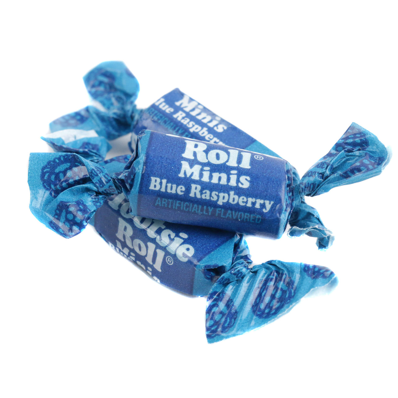 Many small bright blue Blue Raspberry Frooties, chewy fruit candies by Tootsie Roll.