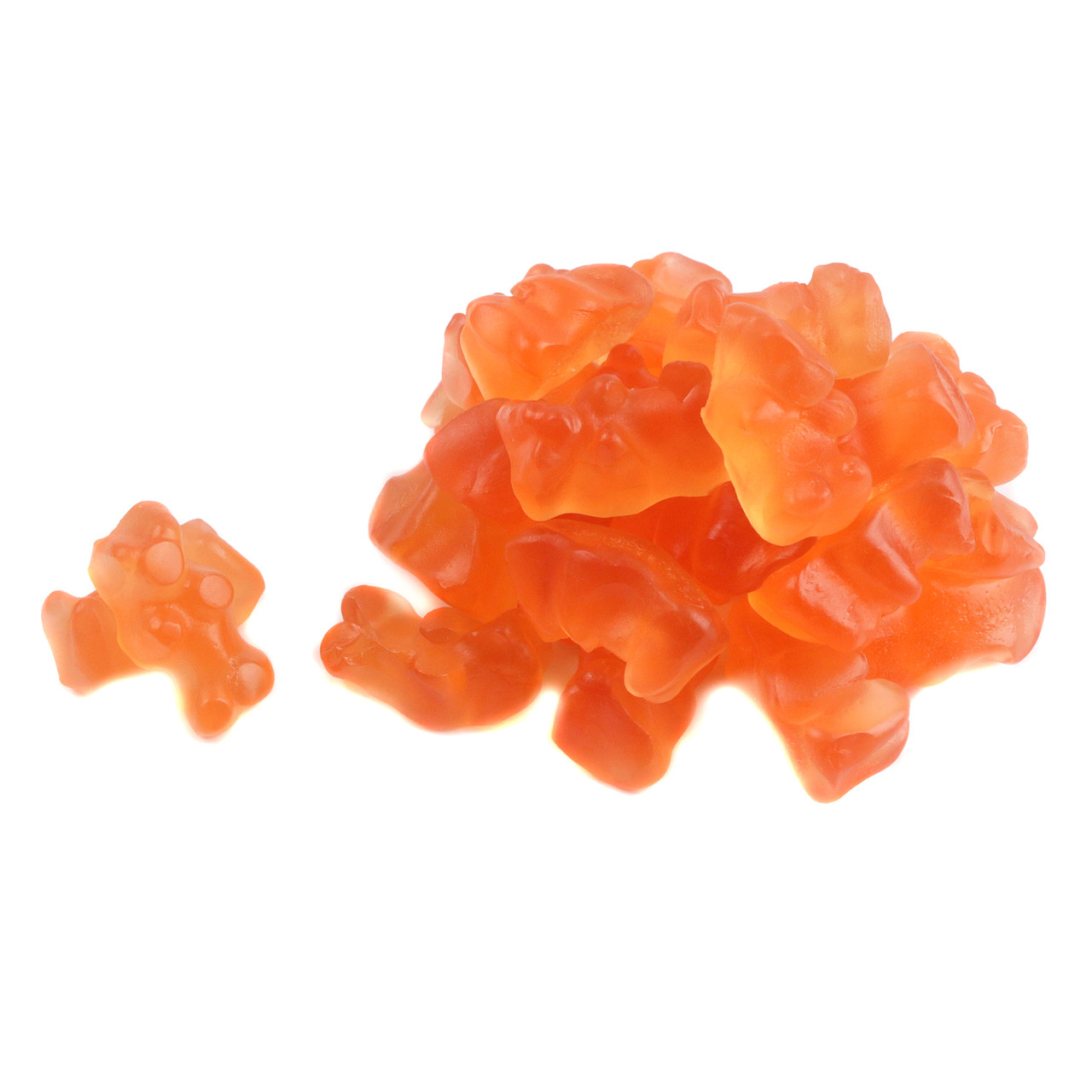 Pinkish-orange Rosé Gummy Bears, sweet, chewy, non-alcoholic. Approximately 125 champagne gummy bears per pound.