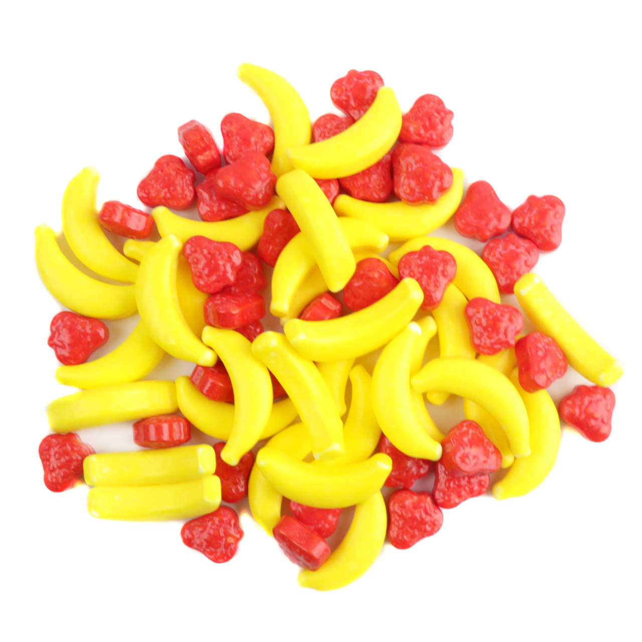 Bright red strawberry and yellow banana pressed candies, sweet and sour fruity flavor, approx. 740 pieces per pound.