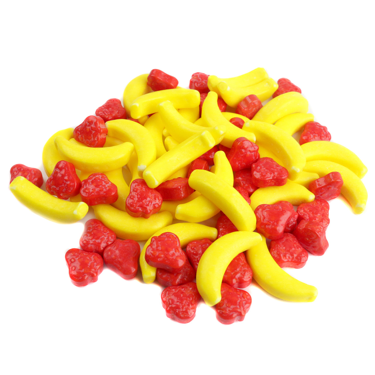 Bright red strawberry and yellow banana shaped pressed candy, fruity, sweet, sour, 740 pieces per pound.