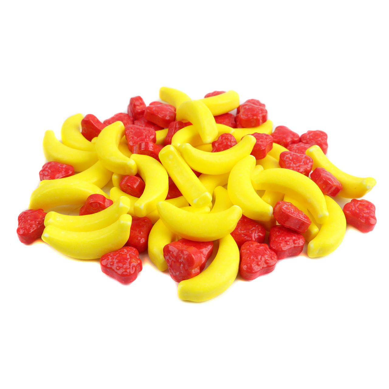 Bright red strawberry and yellow banana shaped pressed candies, sweet and sour, 740 pieces per pound, fruity dessert topping.