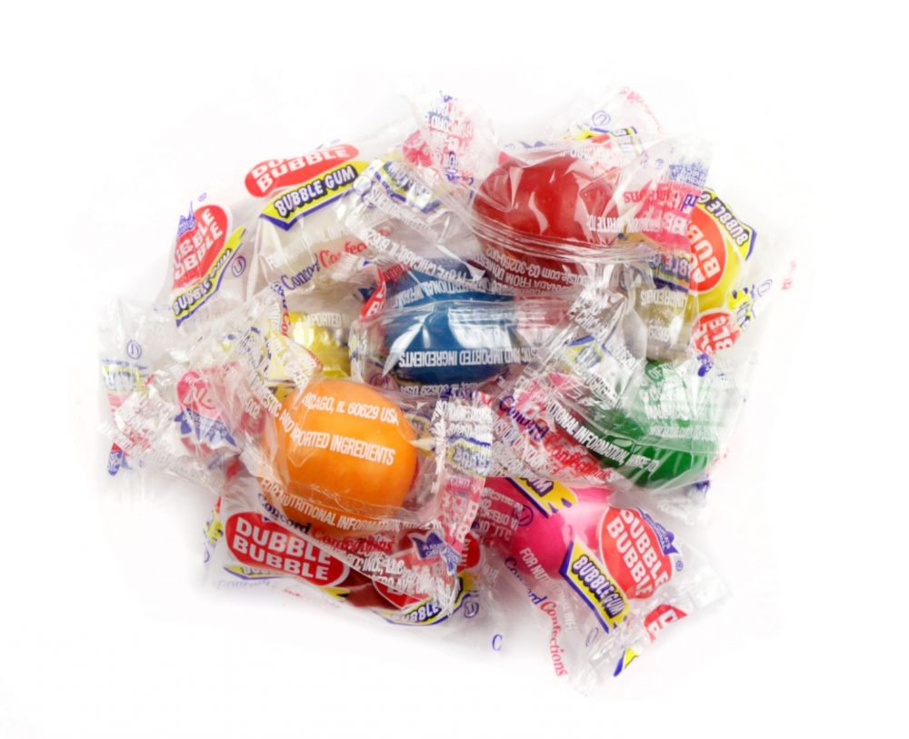 Dubble Bubble individually wrapped gumballs, vibrant rainbow colors, sweet bubble gum flavor, perfect for parties, pinatas.