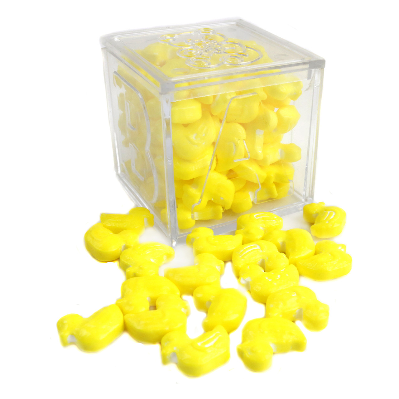 Many small yellow pressed candy rubber ducks, 3/4 inch each. Approximately 310 per pound, ideal for Easter, baby showers.