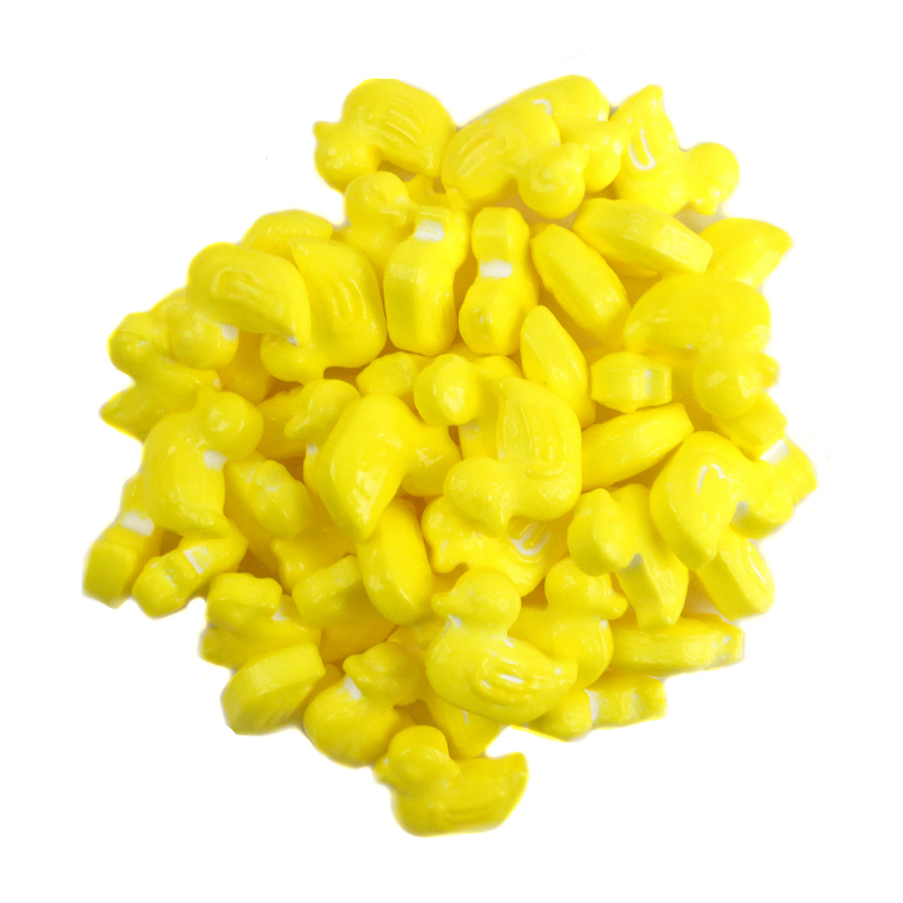 Many bright yellow pressed candy rubber ducks, 3/4 inch each, approx 310 per pound, for baby showers.