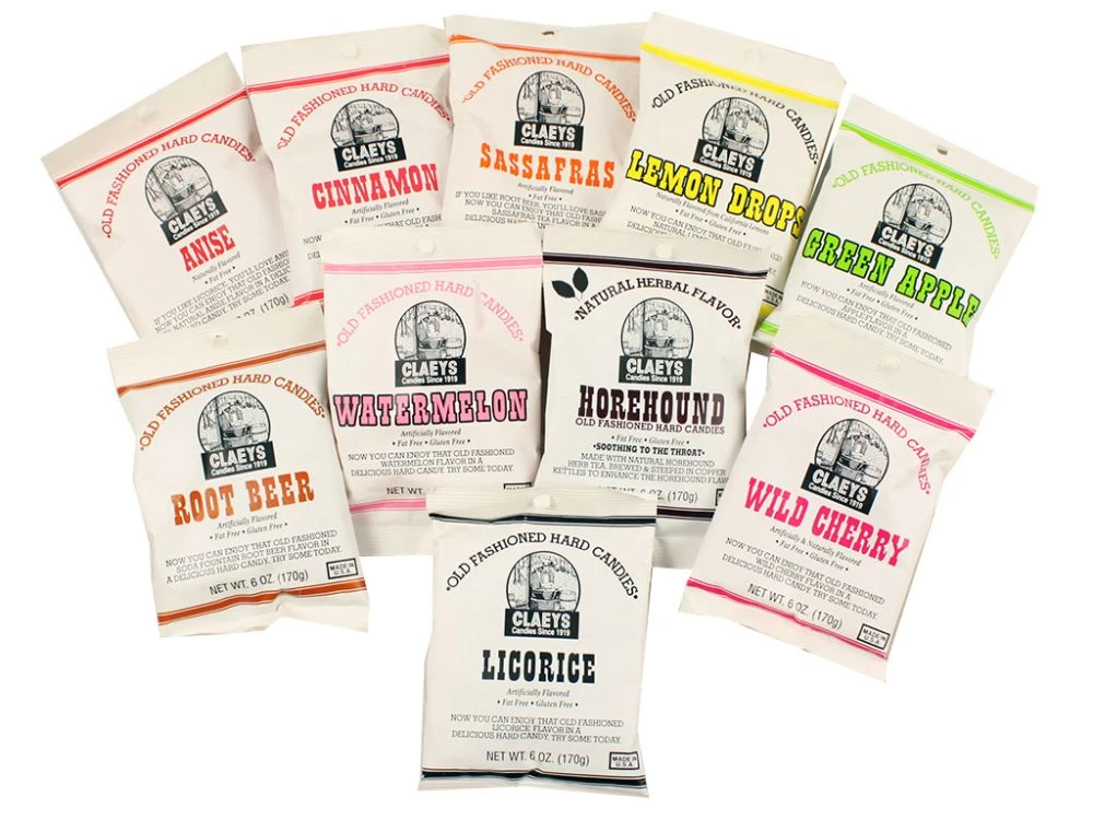 Claeys Hard Candy 10x 6oz assorted bags. Classic flavors like red cherry, yellow lemon, green apple, brown root beer drops.