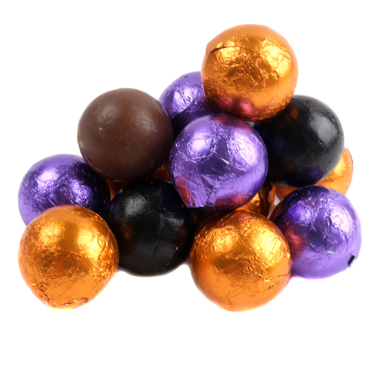 Halloween milk chocolate balls, individually wrapped in colorful spooky foils, approx 60 per pound.