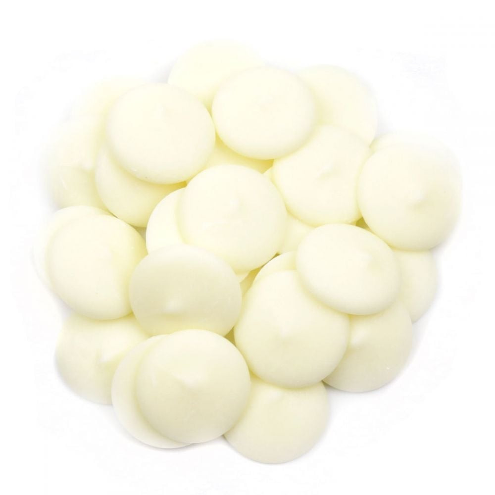 White melting wafers, sweet white chocolate flavor, small round pieces for baking, coating, candy making, USA made.