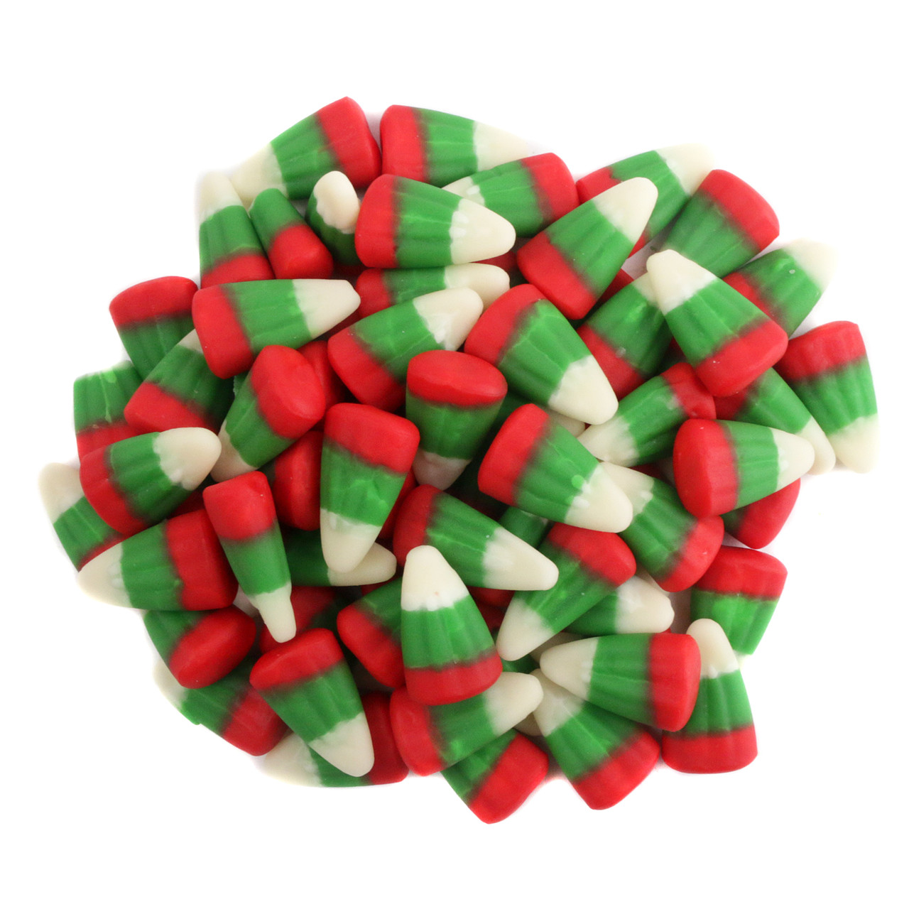 Festive red, green, white, yellow, orange Christmas Candy Corn, approx. 412 pieces per pound, USA.
