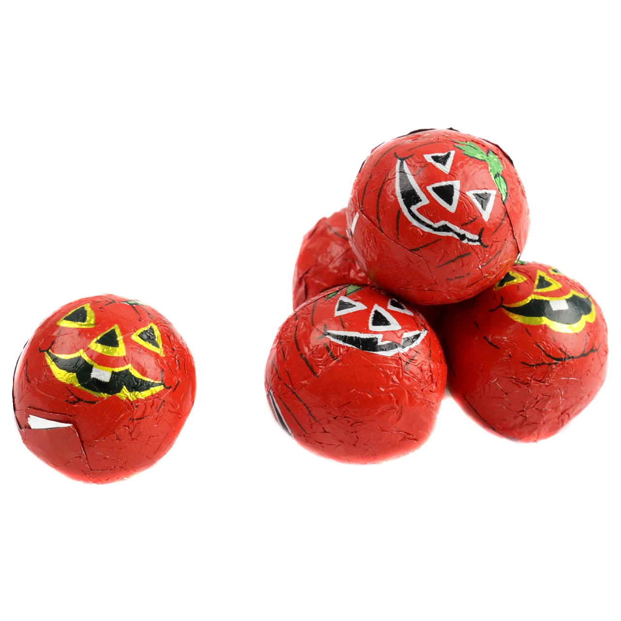 Orange pumpkin face crispy milk chocolate balls by Madelaine, approx 100 per pound, Halloween.
