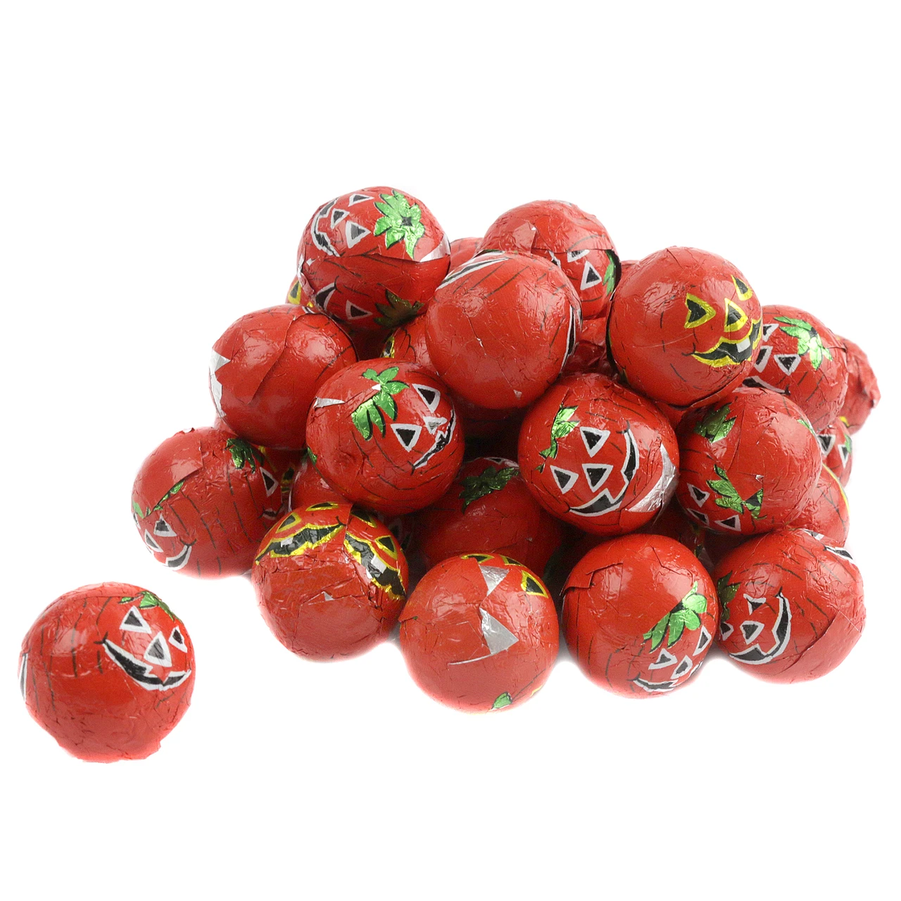 Madelaine Halloween Pumpkin Crispy Milk Chocolate Balls, 100 per pound. Smiling pumpkin faces.
